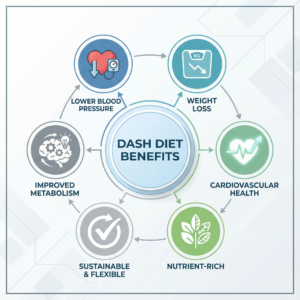 DASH diet benefits infographic with central circle labeled "DASH Diet Benefits" surrounded by six connected circles showing: lower blood pressure with heart and blood pressure monitor icon, weight loss with scale icon, cardiovascular health with heart pulse icon, improved metabolism with brain and gears icon, sustainable and flexible with checkmark icon, and nutrient-rich with leaves icon, all connected by arrows in circular flow