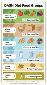 DASH diet food groups infographic with six color-coded sections showing recommended servings: Fruits and Vegetables section in green with apple, broccoli, carrot, berries icons (4-5 servings/day), Whole Grains section in brown with rice, bread, oats icons (6-8 servings/day), Lean Proteins section in blue with chicken, fish, beans icons (6 oz or less/day), Low-Fat Dairy section in light blue with milk, yogurt, cheese icons (2-3 servings/day), Nuts and Seeds section in yellow with almond and walnut icons (4-5 servings/week), Healthy Fats section in olive green with oil bottle icon (2-3 servings/day), includes NHLBI source attribution