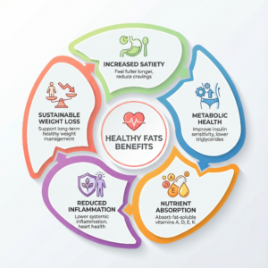 Healthy fats benefits infographic showing five interconnected advantages arranged in circular pattern: increased satiety (feel fuller longer, reduce cravings), metabolic health (improve insulin sensitivity, lower triglycerides), nutrient absorption (absorb fat-soluble vitamins A, D, E, K), reduced inflammation (lower systemic inflammation, heart health), and sustainable weight loss (support long-term healthy weight management) with icons and arrows connecting each benefit