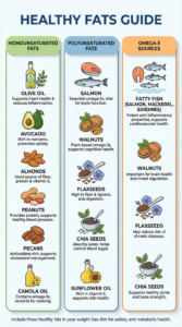 Healthy fats guide infographic with three vertical sections: green section showing monounsaturated fats including olive oil, avocado, almonds, peanuts, pecans, and canola oil; blue section showing polyunsaturated fats including salmon, walnuts, flaxseeds, chia seeds, and sunflower oil; orange section showing omega-3 sources including fatty fish (salmon, mackerel, sardines), walnuts, flaxseeds, and chia seeds with health benefits for each category