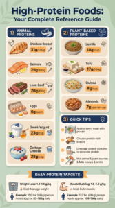 High-protein food guide with animal sources (chicken 31g, salmon 25g, eggs 6g, Greek yogurt 23g) and plant sources (lentils 18g, tofu 17g, quinoa 8g). Daily targets: 1.2-2.2 g/kg based on goals