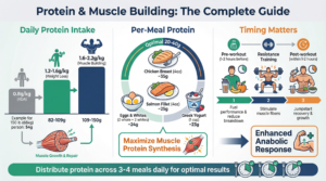 Protein muscle building guide: 1.6-2.2g/kg daily intake, 20-40g per meal, timing around workouts (pre and post 1-2 hours), distribute across 3-4 meals for optimal muscle protein synthesis