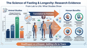Scientific infographic showing intermittent fasting and longevity research evidence. Animal studies demonstrate up to 80% lifespan extension with caloric restriction, proportional to restriction degree. Translation to humans shows cardiovascular health improvements, improved insulin sensitivity, reduced inflammation, and enhanced cognitive function. Emphasizes healthspan versus lifespan: adding life to years through delayed disease onset.