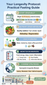 Practical longevity protocol infographic for intermittent fasting with five steps: 1) Start gradually with 12-14 hour fasts and extend slowly to 16 hours, 2) Nutrient-dense refeeding with whole foods to fuel cellular repair (refeeding equals regeneration), 3) Stay hydrated with water, herbal tea, and black coffee, 4) Monitor biomarkers including energy, sleep, mood, and inflammation, 5) Combine strategies for synergistic longevity lifestyle (fasting plus exercise plus sleep plus stress management). Shows aging curves comparing typical aging versus optimized longevity protocol with extended healthspan