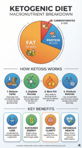 Educational infographic titled Ketogenic Diet Macronutrient Breakdown showing pie chart with 70-80% fat in orange, 10-20% protein in blue, 5-10% carbohydrates in red, followed by How Ketosis Works section with four circular icons illustrating: 1. Reduce Carbs with bread icon and down arrow, 2. Deplete Glucose with molecule diagram, 3. Burn Fat with flame icon, 4. Produce Ketones with brain icon, and Key Benefits section displaying weight loss, sustained energy, mental clarity, and metabolic health icons