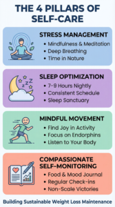 Four pillars of self-care infographic for weight loss maintenance with color-coded sections: blue section showing stress management pillar with meditating person icon and strategies including mindfulness and meditation, deep breathing, and time in nature; purple section showing sleep optimization pillar with moon and stars icon and recommendations for 7-9 hours nightly, consistent schedule, and sleep sanctuary; green section showing mindful movement pillar with running person icon and tips to find joy in activity, focus on endorphins, and listen to your body; coral section showing compassionate self-monitoring pillar with journal icon and practices including food and mood journal, regular check-ins, and celebrating non-scale victories