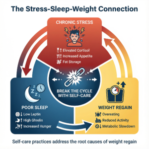 Circular flow diagram illustrating the stress-sleep-weight connection cycle with three interconnected sections: red-orange section labeled chronic stress showing stressed person icon with elevated cortisol, increased appetite, and fat storage; deep blue section labeled poor sleep showing moon and clock icon with low leptin, high ghrelin, and increased hunger; yellow section labeled weight regain showing scale icon with overeating, reduced activity, and metabolic slowdown; center shows breaking chain icon with text 'break the cycle with self-care'; curved arrows connect all sections showing perpetual cycle; bottom text reads 'self-care practices address the root causes of weight regain