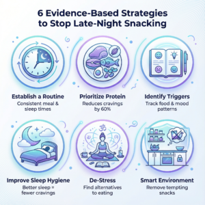 Infographic titled "6 Evidence-Based Strategies to Stop Late-Night Snacking." It displays six circular icons in a grid. The icons represent: 1. A clock for "Establish a Routine." 2. A plate of food for "Prioritize Protein." 3. A journal for "Identify Triggers." 4. A bed with a moon for "Improve Sleep Hygiene." 5. A person meditating for "De-Stress." 6. A pantry with a lock for "Smart Environment." Each icon is paired with a brief explanation of the strategy.