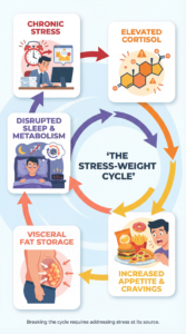 Infographic showing stress-weight gain cycle: chronic stress leads to elevated cortisol, increased appetite and cravings, visceral fat storage, disrupted sleep and metabolism in circular flow diagram