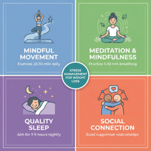 Four stress management strategies infographic: mindful movement (exercise 20-30 min daily), meditation and mindfulness (5-10 min breathing), quality sleep (7-9 hours nightly), social connection (build supportive relationships)