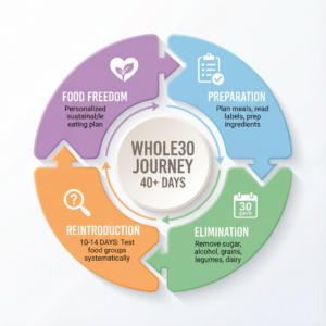 Circular timeline infographic showing Whole30 journey with center circle labeled WHOLE30 JOURNEY 40+ DAYS surrounded by four connected segments in clockwise order: top right light blue segment labeled PREPARATION with clipboard checkmark icon and text plan meals read labels prep ingredients, bottom right green segment labeled ELIMINATION with calendar icon showing 30 DAYS and text remove sugar alcohol grains legumes dairy, bottom left orange segment labeled REINTRODUCTION with magnifying glass question mark icon and text 10-14 DAYS test food groups systematically, top left purple segment labeled FOOD FREEDOM with heart plant icon and text personalized sustainable eating plan, arrows connecting each segment in circular flow