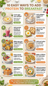 10 easy ways to add protein to breakfast infographic: cook eggs into oatmeal (+6g), add collagen powder to coffee (+10g), add protein powder to smoothies (+20-25g), top toast with egg or nut butter (+8g), make egg and veggie muffins (+18-22g), add nut butter to oatmeal (+8g), enjoy Greek yogurt or skyr (+15-20g), make a frittata for meal prep (+18-25g), make protein pancakes (+15-18g), add microwave-poached egg to savory oatmeal (+6g). Tip: Combine 2-3 methods to reach 25-30g protein per breakfast