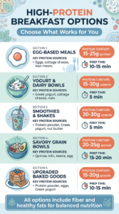 High-protein breakfast options infographic showing 5 meal types: egg-based meals (15-25g protein, 10-15 min prep), yogurt and dairy bowls (15-20g protein, 5 min prep), smoothies and shakes (20-30g protein, 5 min prep), savory grain bowls (20-25g protein, 15-20 min prep), and upgraded baked goods (15-20g protein, 10-15 min prep) with key protein sources and preparation times for each option