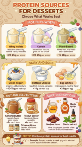 Protein sources for desserts infographic showing three categories: Protein Powders (Whey Isolate dissolves smoothly with neutral flavor and versatile use at +20-25g per scoop, Casein has thicker texture great for ice cream at +20-25g per scoop, Plant-Based works well but may need extra sweetener at +15-20g per scoop), Dairy and Eggs (Greek Yogurt is creamy and adds moisture at +10-15g per half cup, Cottage Cheese has thick texture and is versatile at +14g per half cup, Egg Whites are binding agent with neutral flavor at +3.6g per egg), and Nut and Seed Butters (Almond Butter has rich flavor and is good binder at +7g per 2 tbsp, Peanut Butter has classic flavor and is versatile at +8g per 2 tbsp, other options include cashew and sunflower seed butter). Sweetener options include honey, maple syrup, dates, and stevia. Pro tip: Combine protein sources for best results, example protein powder plus Greek yogurt plus almond butter equals balanced dessert.