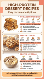 High-protein dessert recipes infographic showing three easy homemade options: No-bake protein bars with oats, protein powder, nut butter, and honey (10-15g protein per bar, 2+ hours refrigerate, yields 8-12 bars), Protein cookies with protein powder, oat flour, almond butter, and eggs (8-10g protein per cookie, bake at 325°F for 10-12 minutes, yields about 12 cookies), and Protein ice cream with frozen bananas, protein powder, and milk (15-20g protein per serving, blend for 5 minutes, yields 2-3 servings). All recipes deliver 8-20g protein while satisfying sweet cravings.