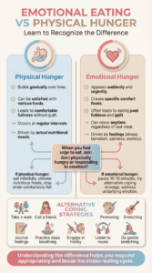 Emotional eating vs physical hunger infographic showing how to recognize the difference and break the stress-eating cycle. Left column Physical Hunger characteristics: Builds gradually over time, can be satisfied with various foods, leads to comfortable fullness without guilt, occurs at regular intervals, driven by actual nutritional needs. Right column Emotional Hunger characteristics: Appears suddenly and urgently, craves specific comfort foods, often leads to eating past fullness and subsequent guilt, can occur anytime regardless of last meal, driven by feelings (stress, boredom, sadness, anxiety). Middle section shows decision tree: When you feel the urge to eat, ask yourself: Am I physically hungry or responding to an emotion? If physical hunger: eat mindfully, choose nutritious foods, stop when comfortably full. If emotional hunger: pause 10-15 minutes, try alternative coping strategy, address underlying emotion. Alternative Coping Strategies section shows multiple options: Take a walk, call a friend, journal your feelings, practice deep breathing, engage in a hobby, listen to music, do gentle stretching. Bottom banner states understanding the difference helps you respond appropriately and break the stress-eating cycle.