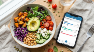 Smartphone displaying a food logging app with macronutrient charts next to a healthy salad bowl.
