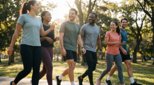 Diverse group of friends briskly walking in a sunny park for aerobic exercise and social connection.
