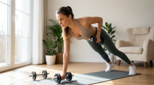Person performing dumbbell rows in a home living room to build muscle mass for weight loss.
