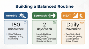 "Chart showing the three pillars of a balanced routine: Aerobic Activity (150 mins/week), Strength Training (2 days/week), and NEAT (Daily Movement).