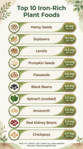 Clean, visual chart showing the highest iron plant foods from hemp seeds (21mg) to chickpeas (4.7mg)