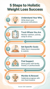 Step-by-step infographic showing the CDC's five-step framework for holistic weight loss: understand your why, track habits, set specific goals, find support, and monitor progress