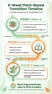 8-week plant-based diet transition timeline showing three phases: gradual introduction with meatless meals, building knowledge through recipes and global cuisines, and crowding out animal products with plant alternatives