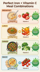 Four practical meal examples showing iron-rich foods paired with Vitamin C sources for all meals (breakfast, lunch, dinner, snack)
