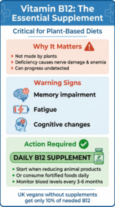 Vitamin B12 supplement guide for plant-based diets showing why B12 matters, deficiency warning signs including memory impairment and fatigue, and daily supplementation requirements with monitoring recommendations