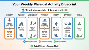 Infographic showing a sample weekly physical activity plan. The calendar layout details daily activities like brisk walking, cycling, and strength training, color-coded for aerobic, strength, and rest days, aiming to meet the CDC's goal of 150 minutes of aerobic activity and 2 strength sessions per week.