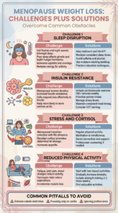Menopause weight loss challenges and solutions infographic showing four common obstacles with corresponding solutions: Challenge 1 Sleep Disruption - Hot flashes and night sweats interrupt sleep, poor sleep affects ghrelin and leptin hunger hormones, increases appetite and cravings for high-calorie foods, reduces energy for physical activity; Solutions: Keep bedroom cool (60-67°F), maintain consistent sleep times, avoid caffeine and alcohol in evening, use moisture-wicking bedding, practice relaxation techniques. Challenge 2 Insulin Resistance - Menopausal women develop increased insulin resistance, cells respond less effectively to insulin, body more likely to store calories as fat rather than using them for energy; Solutions: Include cardiovascular exercise (150+ minutes weekly), prioritize protein intake, manage stress levels, maintain consistent meal timing, consider HIIT training. Challenge 3 Stress and Cortisol - Menopausal transition coincides with other life stressors (aging parents, career pressures, empty nest), elevated cortisol promotes abdominal fat storage, increases appetite; Solutions: Regular physical activity, meditation or mindfulness, social connection and support, professional counseling if needed. Challenge 4 Reduced Physical Activity - Fatigue, joint pain, mood changes reduce activity, decreases total calorie expenditure, accelerates muscle loss; Solutions: Start with low-impact activities (swimming, walking), gradually increase intensity, include strength training 2-3 times weekly, find enjoyable activities. Bottom section shows common pitfalls to avoid: extreme calorie restriction (backfires and causes muscle loss), focusing only on cardio (doesn't address muscle loss), ignoring portion sizes (healthy foods are calorie-dense).