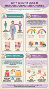 Why weight loss is harder during menopause infographic showing four hormonal changes: 1) Fat Distribution Shifts - Before menopause, estrogen helps direct fat storage to hips and thighs, but as estrogen drops, fat increasingly accumulates in the abdomen as visceral fat which is metabolically active and poses greater health risks, illustrated with before/after body silhouettes showing subcutaneous fat versus visceral fat; 2) Metabolic Rate Declines - Lower estrogen levels contribute to slower metabolic rate, the body burns fewer calories at rest with calorie burn comparison showing before menopause higher burn (e.g., 1800 kcal/day basal rate) versus after menopause lower burn (e.g., 1500 kcal/day basal rate), meaning same food intake leads to weight gain; 3) Muscle Mass Loss (3-8% per decade after age 30) - Declining hormones combined with natural aging accelerate muscle loss, since muscle tissue burns more calories than fat tissue even at rest this loss further reduces metabolic rate, shown with muscle vs fat comparison illustrating muscle tissue burns more and is more dense with higher calorie burn versus fat tissue burns less and is less dense with lower calorie burn; 4) Appetite and Satiety Changes - Hormonal fluctuations affect hunger signals and feelings of fullness with comparison showing before menopause regular hunger cues and feeling full versus after menopause increased cravings, fluctuating signals, and delayed fullness. Bottom banner states these changes work together to make weight management more challenging during menopause.