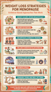 Weight loss strategies for menopause infographic showing seven evidence-based approaches: 1) Adjust Caloric Intake Realistically - Need 200-300 fewer calories daily, create modest deficit of 250-500 calories daily, supports 0.5-1 pound per week loss, focus on nutrient-dense foods like vegetables, fruits, lean proteins, whole grains, healthy fats; 2) Prioritize Protein - Target 1.0-1.2g per kg body weight daily, distribute across meals, include protein at breakfast to reduce cravings, sources include lean meats, fish, eggs, dairy, legumes; 3) Incorporate Strength Training - Frequency 2-3 times weekly, target all major muscle groups, options include free weights, resistance bands, bodyweight exercises, weight machines; 4) Include Cardiovascular Exercise - Target 150+ minutes moderate-intensity weekly, examples include brisk walking, swimming, cycling, HIIT can improve insulin sensitivity; 5) Manage Sleep Quality - Keep bedroom cool (60-67°F), maintain consistent sleep/wake times, avoid caffeine and alcohol in evening, use moisture-wicking sleepwear; 6) Address Stress - Regular physical activity, meditation or mindfulness practices, social connection and support, professional counseling if needed; 7) Consider Timing and Meal Patterns - Regular meal times prevent extreme hunger, avoid late-night eating, ensure adequate breakfast. Bottom banner states a multi-faceted approach addressing the unique challenges of menopause works best.