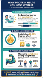 High-protein foods for weight loss chart showing animal sources (chicken breast 31g, salmon 25g, eggs 13g, Greek yogurt 10g per serving) and plant sources (lentils 9g, chickpeas 8g, tofu 8g, quinoa 4g per 100g cooked) with protein content per serving