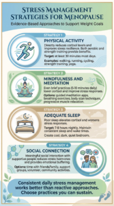Stress management strategies for menopause infographic showing four evidence-based approaches to support weight goals: 1) Physical Activity - Directly reduces cortisol levels and improves stress resilience, both aerobic exercise and strength training provide benefits, target at least 30 minutes most days, examples include walking, running, cycling, strength training, yoga; 2) Mindfulness and Meditation - Even brief practices (5-10 minutes daily) lower cortisol and improve stress responses, options include guided meditation apps, breathing exercises, body scan techniques, progressive muscle relaxation; 3) Adequate Sleep - Poor sleep elevates cortisol and worsens stress responses, target 7-8 hours nightly, maintain consistent sleep and wake times, create cool, dark, quiet bedroom environment; 4) Social Connection - Meaningful social interaction with supportive people reduces stress hormones and provides emotional buffering against stressors, options include spending time with friends/family, joining support groups, volunteering, community activities. Bottom banner states consistent daily stress management works better than reactive approaches, choose practices you can sustain.