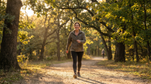 Middle-aged woman briskly walking in a sunny park for sustainable weight loss exercise.