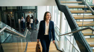 Professional woman choosing to take the stairs in an office building to increase daily physical activity