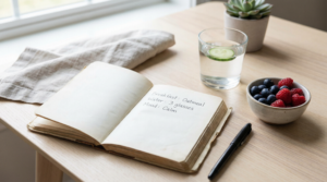 Weight loss journal on a desk with water and fresh berries for tracking daily habits.