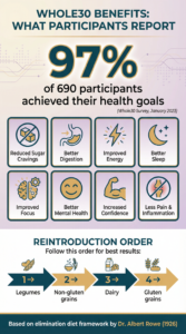 Whole30 program infographic showing 3 phases: Phase 1 Elimination (30 days) removes sugar, alcohol, grains, legumes, dairy and focuses on meat, seafood, eggs, vegetables, fruits, healthy fats with no calorie counting; Phase 2 Reintroduction (10+ days) systematically reintroduces food groups one at a time with 2-3 days between each (legumes, non-gluten grains, dairy, gluten grains); Phase 3 Food Freedom creates personalized sustainable diet. 97% of participants achieve their health goals.