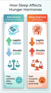 Infographic comparing hunger hormones in well-rested vs sleep-deprived people: leptin high and ghrelin low with 7-9 hours sleep leads to feeling satisfied