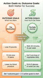 Infographic comparing weight loss action goals like walking 30 minutes versus outcome goals like losing 15 pounds, showing how both work together for success