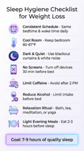 Sleep hygiene checklist infographic with 8 tips: consistent schedule, cool room, dark and quiet, no screens, limit caffeine, reduce alcohol, relaxation ritua