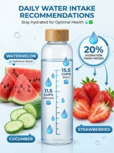 Infographic showing daily water intake recommendations: 11.5 cups for women and 15.5 cups for men, with hydrating fruits and vegetables contributing 20% of daily fluid needs