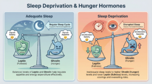 A comparison infographic showing how adequate sleep balances leptin and ghrelin, while sleep deprivation increases hunger hormones and decreases fullness signals.
