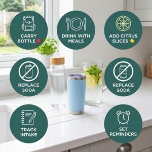 Practical hydration tips infographic showing reusable water bottles, fruit-infused water, and daily habits for staying hydrated including drinking with meals, adding citrus, and setting reminders