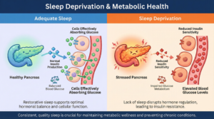  Infographic illustrating the link between sleep deprivation, reduced insulin sensitivity, and elevated blood glucose levels compared to healthy metabolic function with adequate rest.
