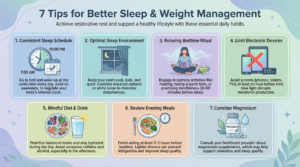 A visual guide featuring seven essential habits for improving sleep quality, including consistent schedules, environment optimization, and digital detox before bed.