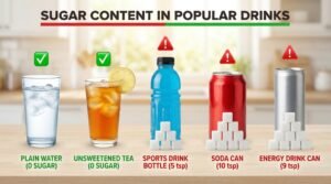 Visual comparison of sugar content in popular beverages: plain water and unsweetened tea with zero sugar versus sports drinks, soda, and energy drinks containing 5-10 teaspoons of added sugar per serving